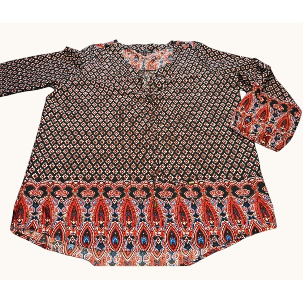 Time To Bloom Women 1X Boho Paisley Tunic Top Black Red 3/4 Bell Sleeve V-Neck